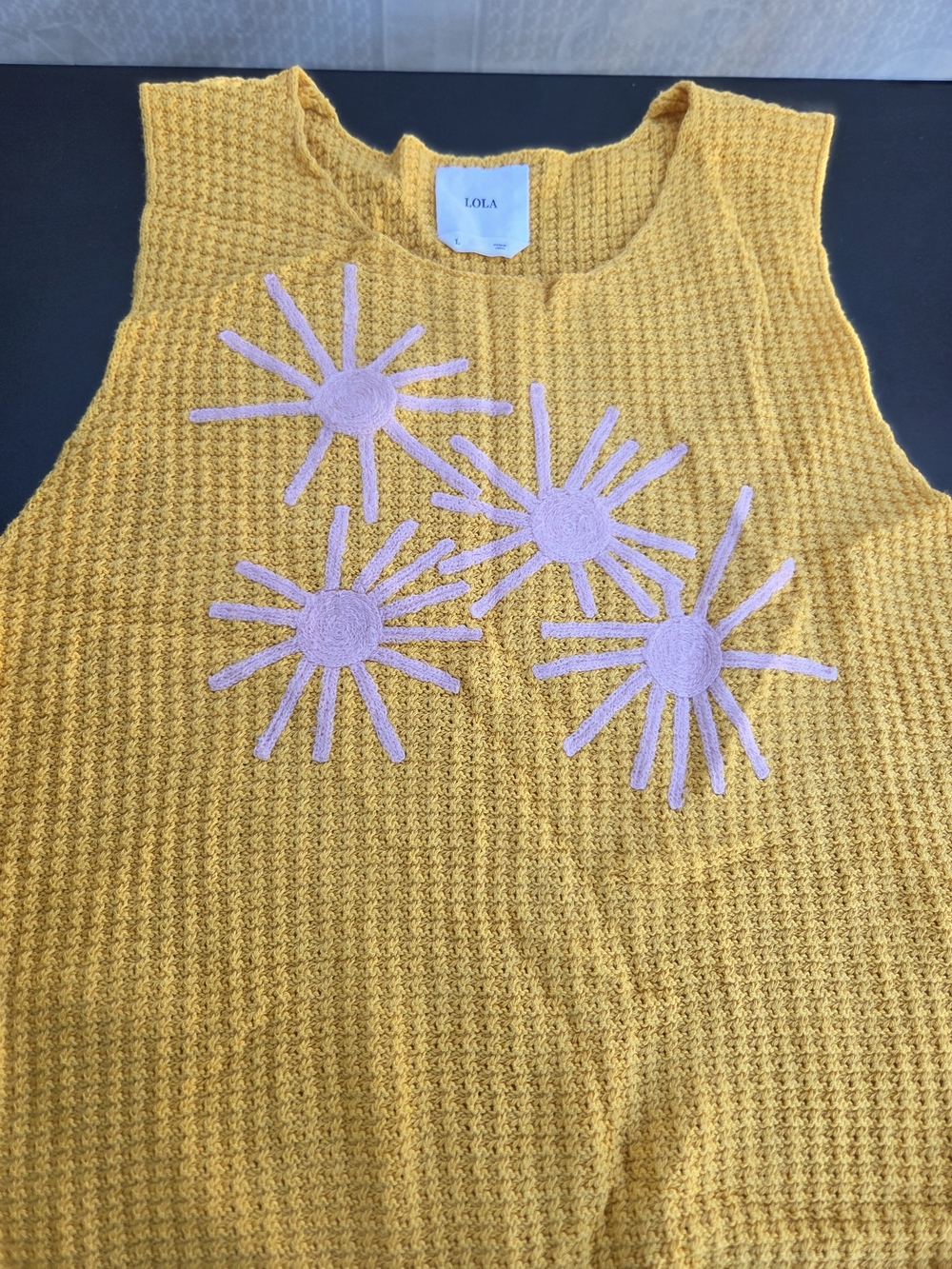 LOLA Mustard Yellow Knit Tank with Pink Daisy Appliqués - Picture 2 of 5